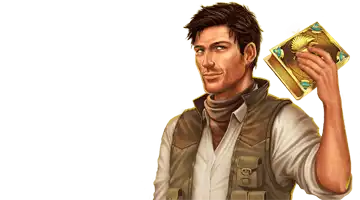 An archaeologist character holding a golden book, symbolizing free spins bonuses for slot games at Riobet Casino.